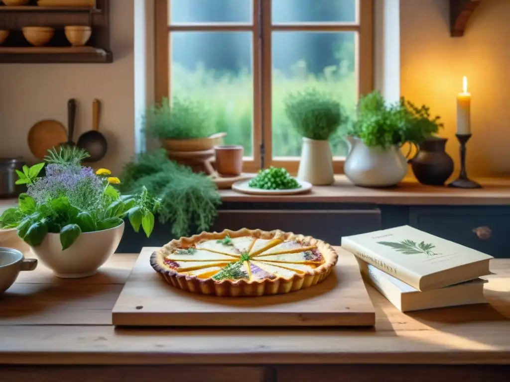 Una escena acogedora de una cocina alsaciana tradicional con una mesa rústica y tarte flambée recién horneada