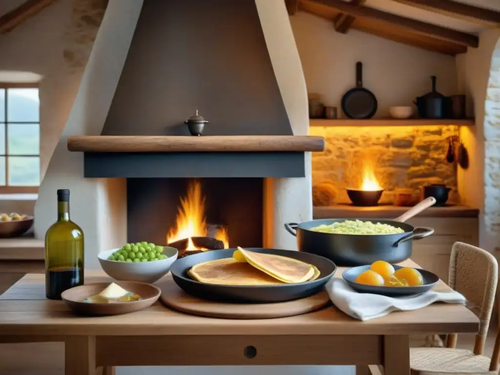 Una escena acogedora de una cocina bretona tradicional con delicias gastronómicas francesas del mar Bretaña