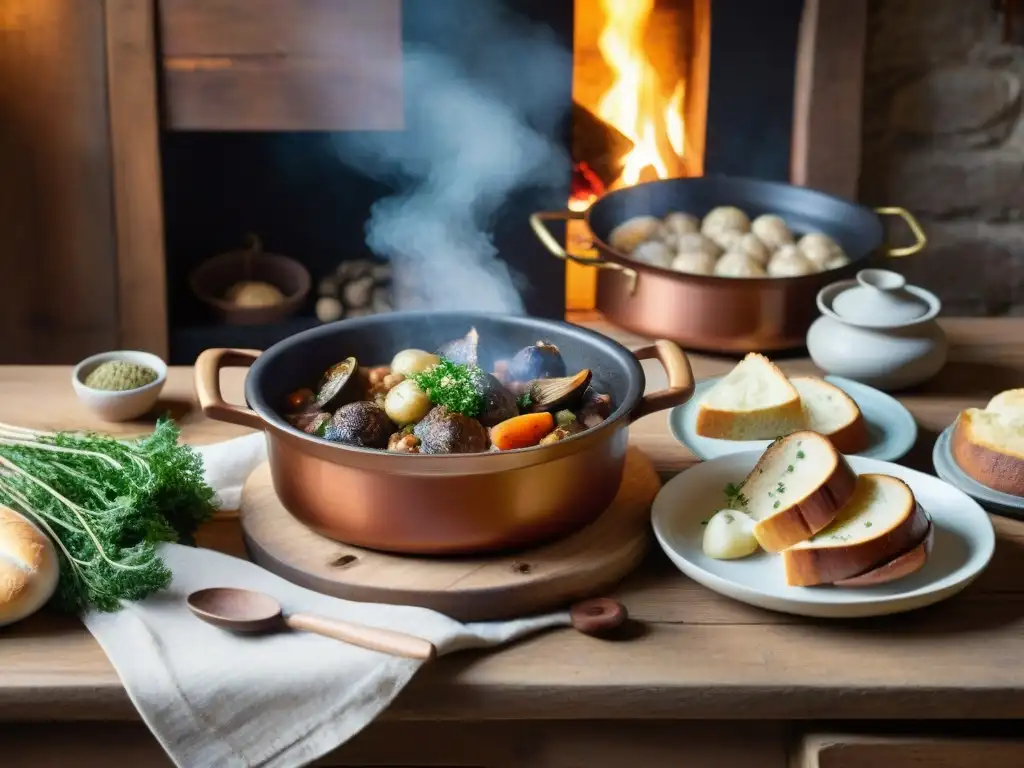 Una escena acogedora de la cocina campesina en Borgoña: mesa de madera rústica con platos típicos y ambiente cálido