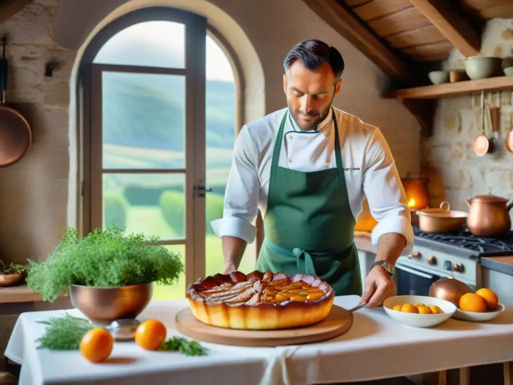 Escena acogedora en una cocina campestre francesa con platos típicos gastronomía francesa y chef local preparando tarta Tatin