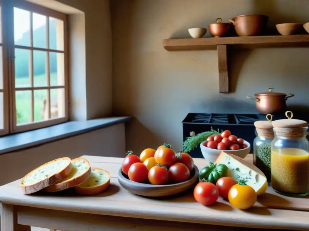 Escena acogedora de cocina francesa con ingredientes antiguos en mesa rústica