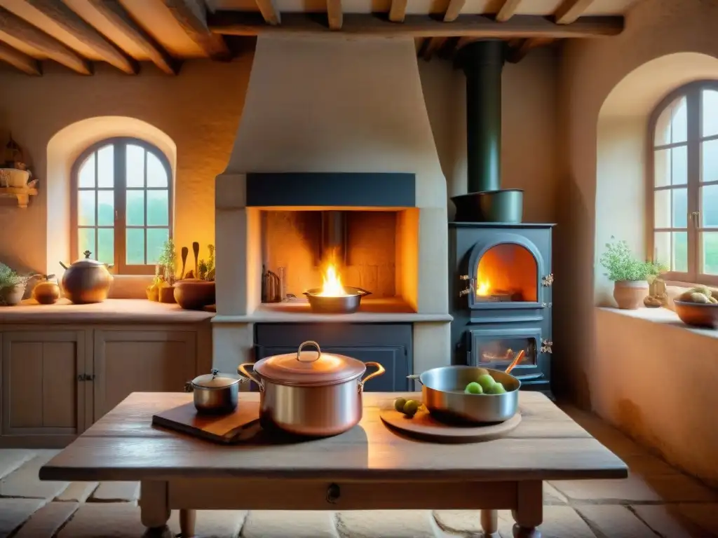 Escena acogedora de cocina francesa del siglo XIX: fogata, olla de cobre, utensilios antiguos en mesa de madera