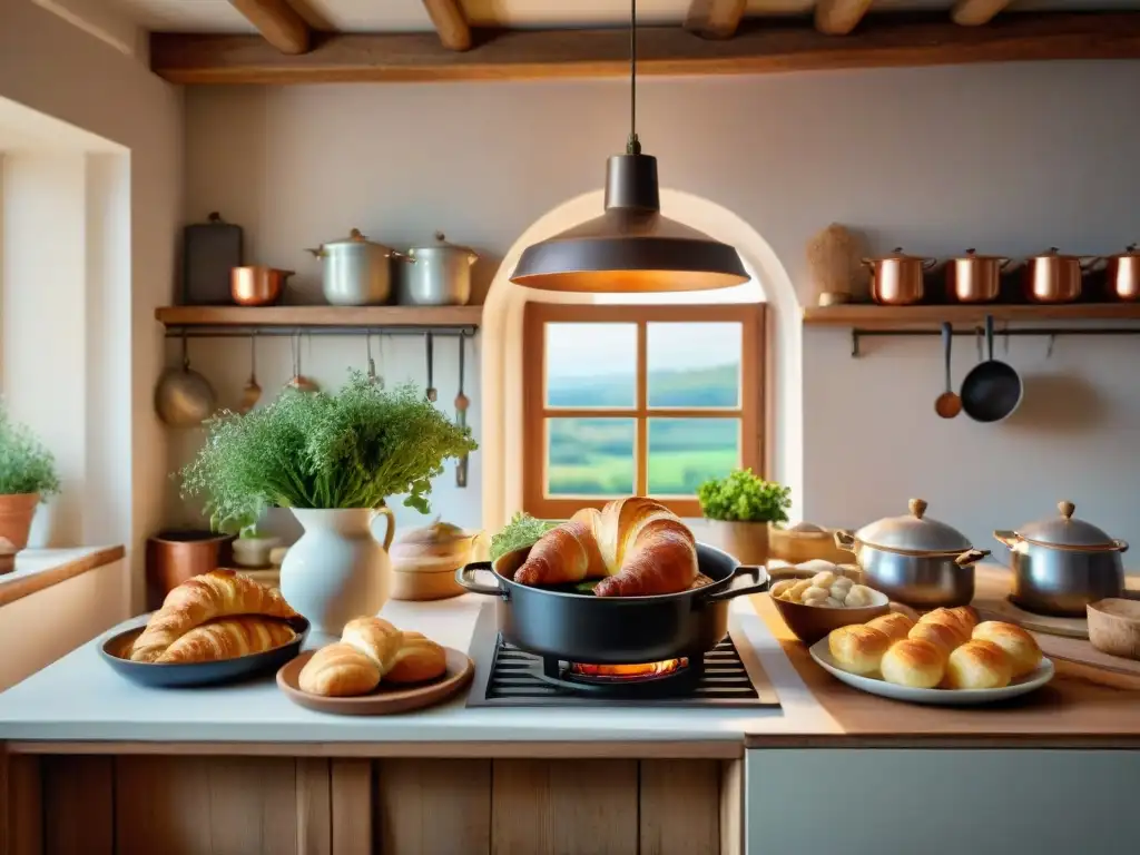 Escena acogedora de cocina francesa con croissants, coq au vin y utensilios de cobre