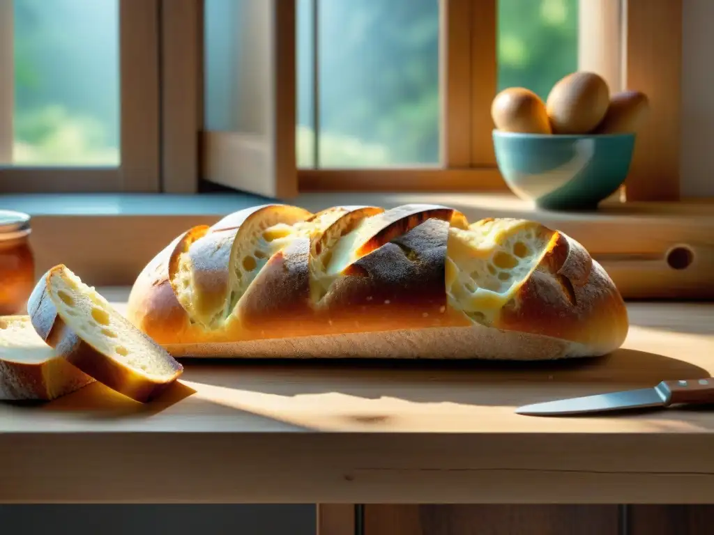 Una escena acogedora de una cocina francesa rústica con pan viejo, utensilios vintage y luz matutina