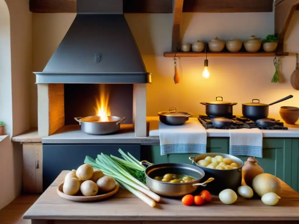 Escena acogedora en una cocina francesa rústica con la receta tradicional Potee Normande