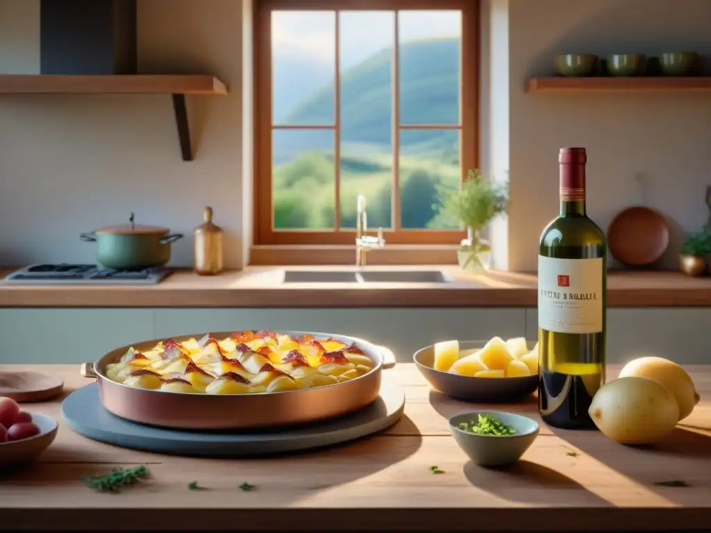 Escena acogedora de cocina francesa rústica con ingredientes para Tartiflette receta fácil Ródano-Alpes