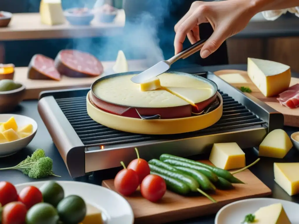 Una escena acogedora en una cocina francesa con Raclette Grill, donde se derriten quesos variados