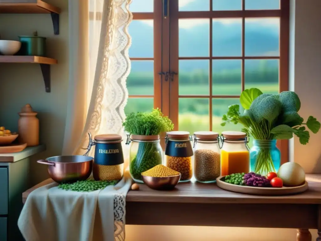 Escena acogedora de cocina francesa con recetas, cereales, legumbres y utensilios de cobre vintage