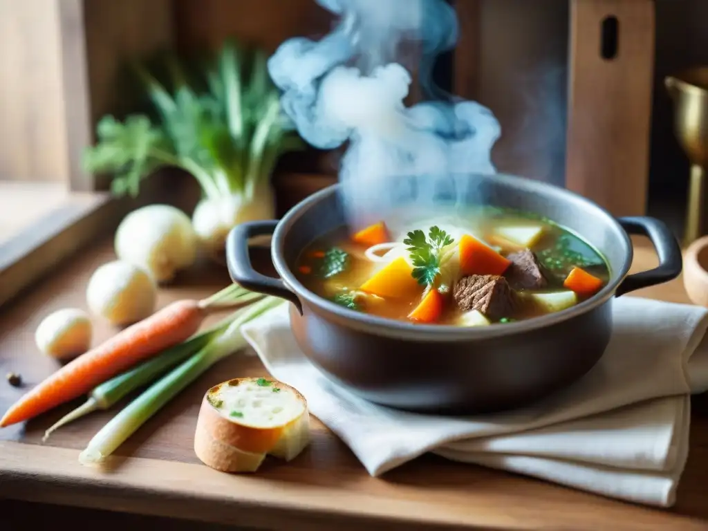 Una escena acogedora de una cocina rural francesa con una mesa de madera rustica, sopera humeante y ingredientes frescos