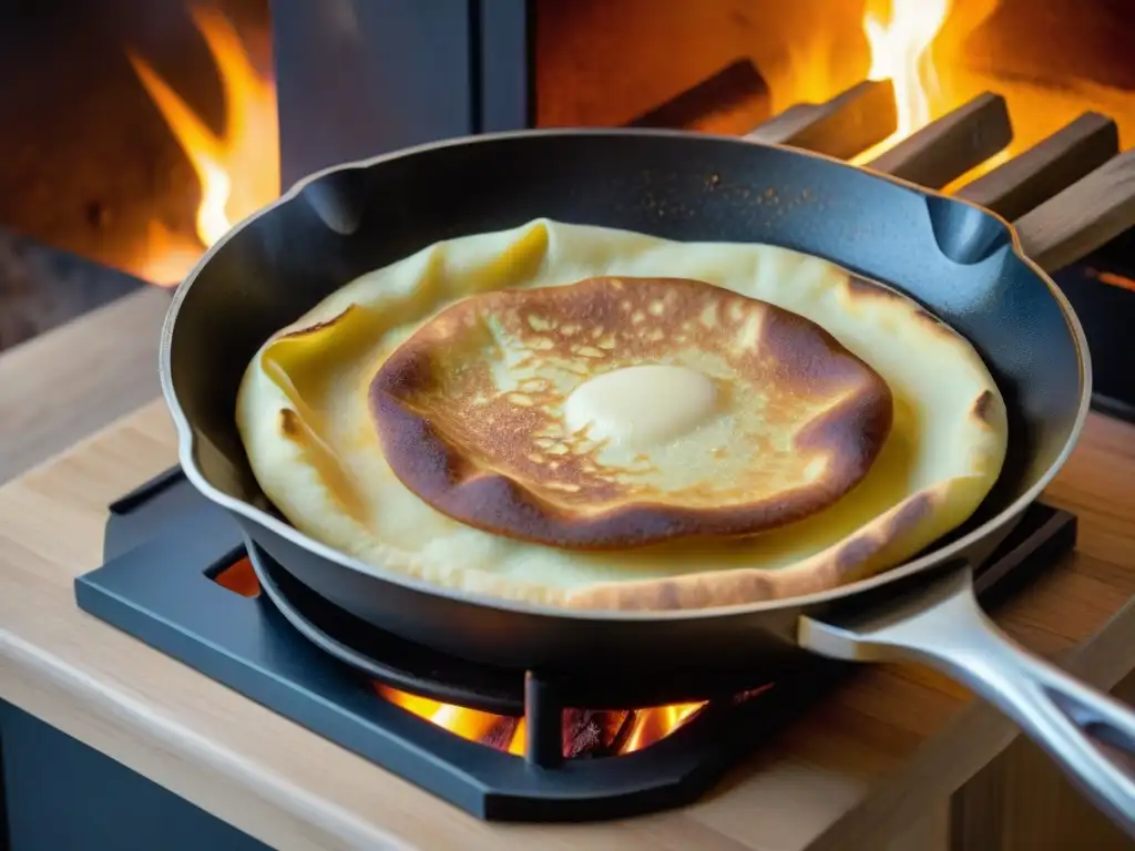 Una escena acogedora de una cocina rústica con una tradicional galette bretona cocinándose en una sartén de hierro sobre el fuego