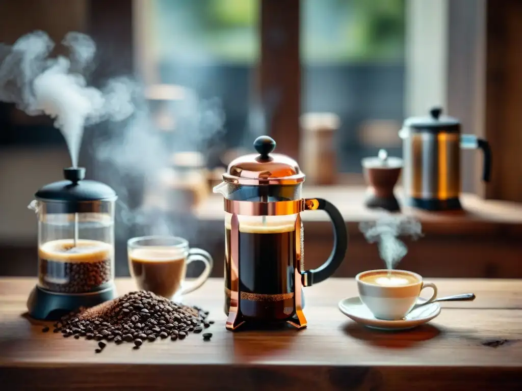 Una escena acogedora de café gourmet francés con cafetera estilo francés, granos de café, molinillo vintage y taza humeante