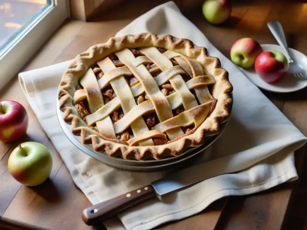 Escena acogedora de una mesa de cocina rústica con un pastel de manzana normando horneándose, rodeado de ingredientes y utensilios de cocina