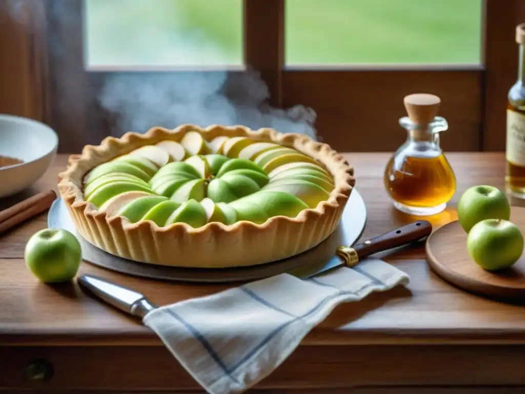 Una escena acogedora de una mesa rústica con manzanas verdes, botella de Calvados, utensilios de cocina y canela