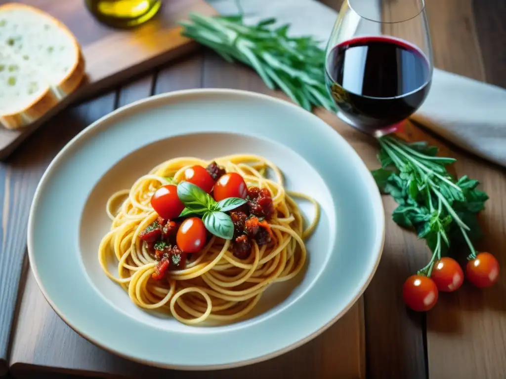 Una escena acogedora con mesa rústica, vino, espaguetis a la Provenzal y tomates frescos