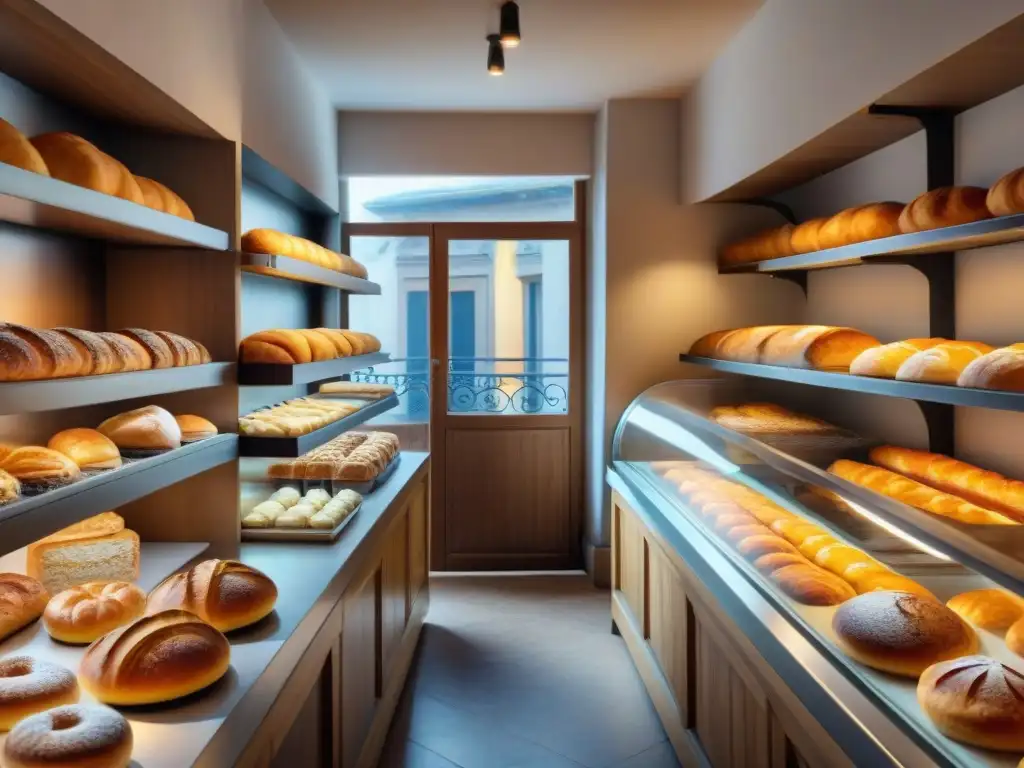 Escena acogedora de una panadería tradicional francesa en Borgoña, mostrando una variedad de pan recién horneado y pasteles en estantes de madera