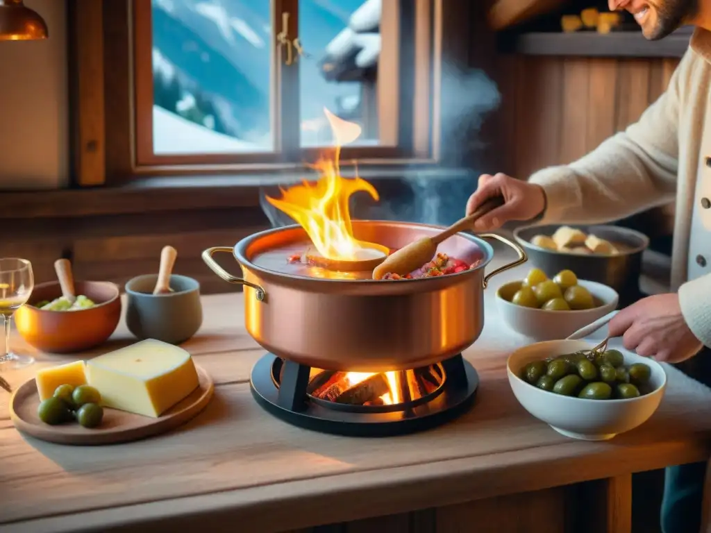 Escena acogedora de una fondue savoyarda receta tradicional en un chalet de montaña, con diversidad de comensales disfrutando alrededor de la mesa