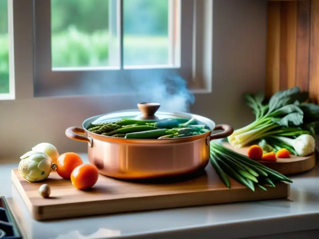 Una escena acogedora de técnicas de cocina al vapor estilo francés: olla de cobre tradicional en estufa de gas con verduras frescas en tabla de cortar