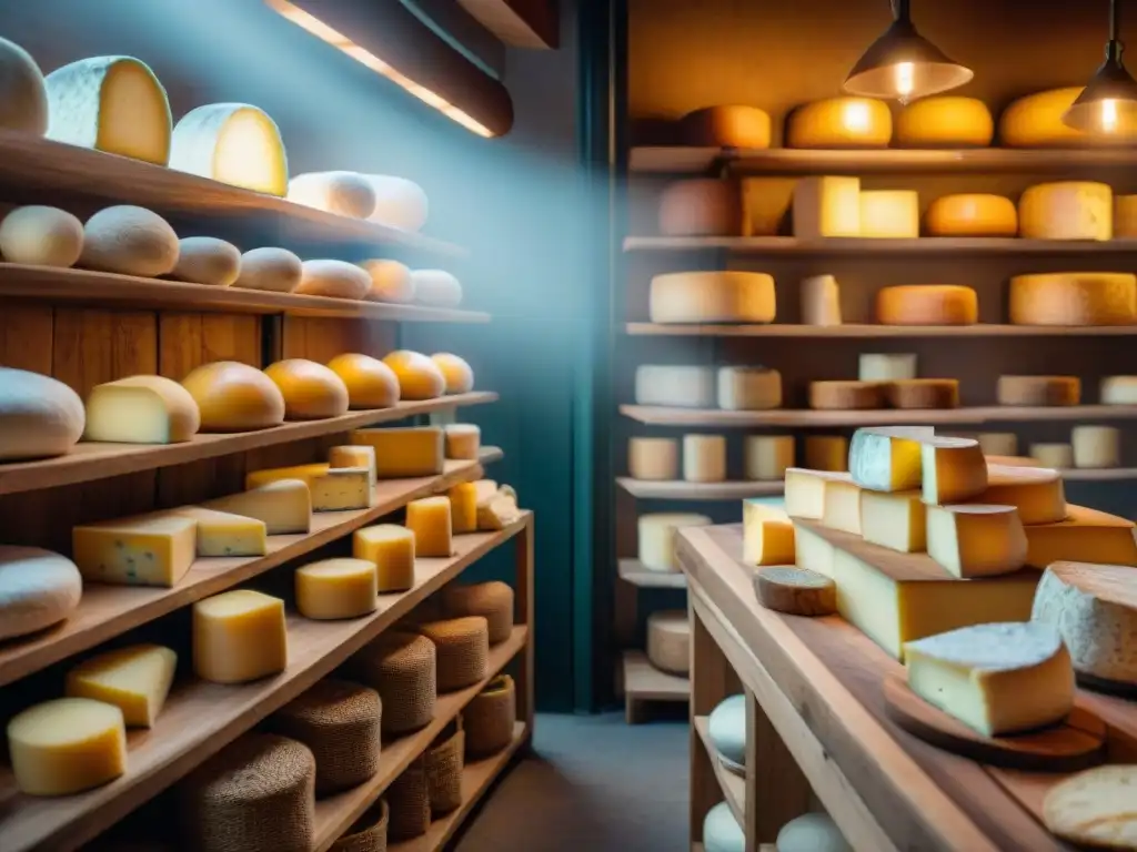 Escena acogedora en una tienda de quesos francesa, con ruedas de Queso Chaource