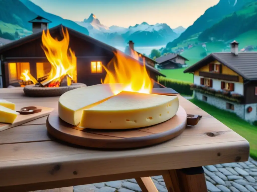 Escena alpina: queso raclette tradición culinaria en encantador pueblo suizo al atardecer dorado