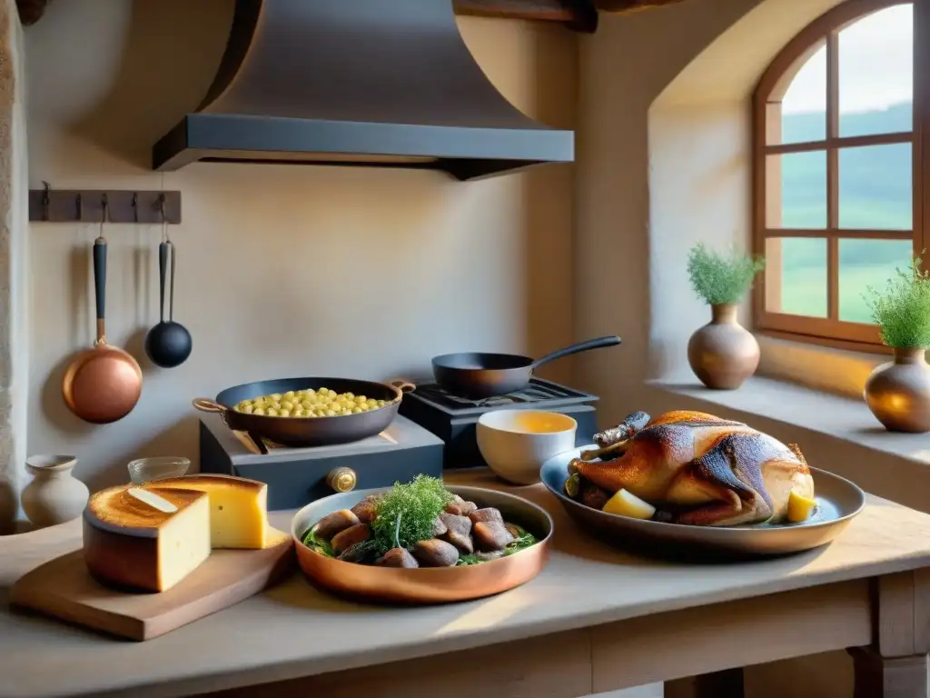 Cocina francesa del siglo XVIII: tradición culinaria en 8k Una escena ancestral de cocina francesa del siglo XVIII con recetas tradicionales y calidez acogedora