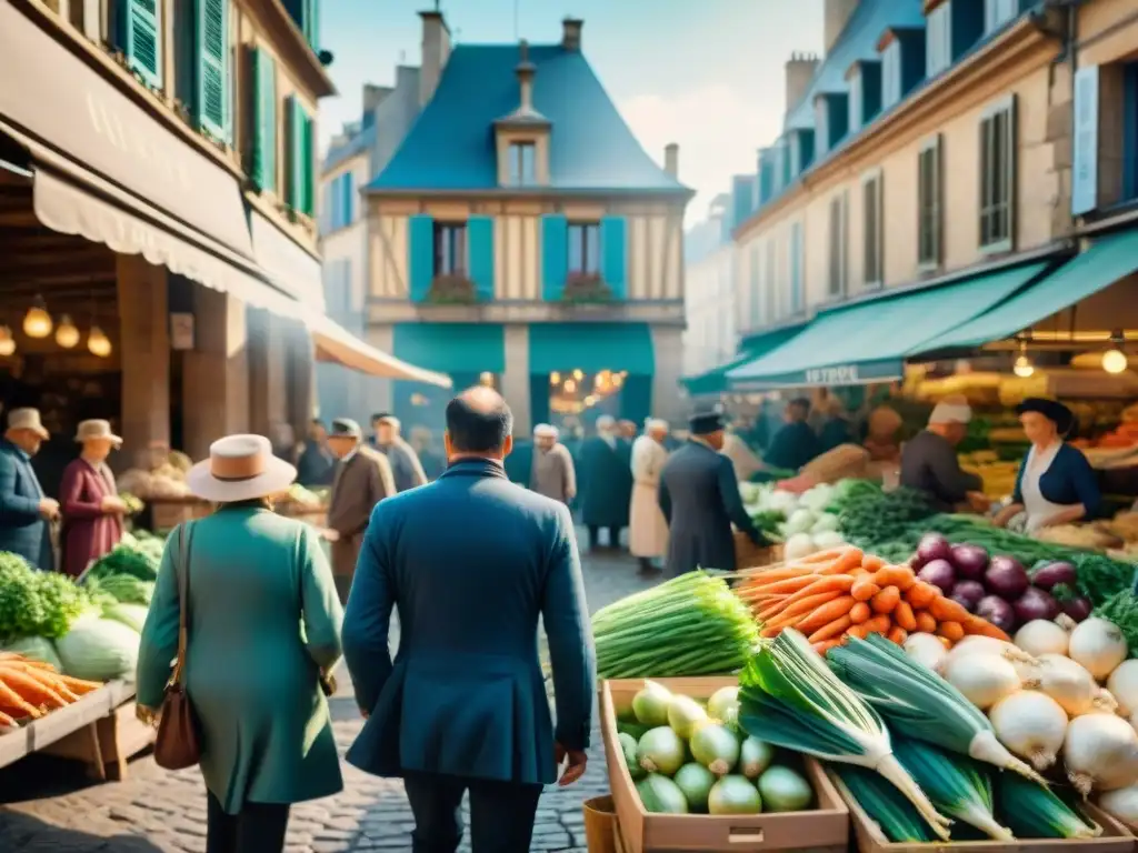 Escena animada en un bullicioso mercado francés con ingredientes frescos para la clásica sopa francesa