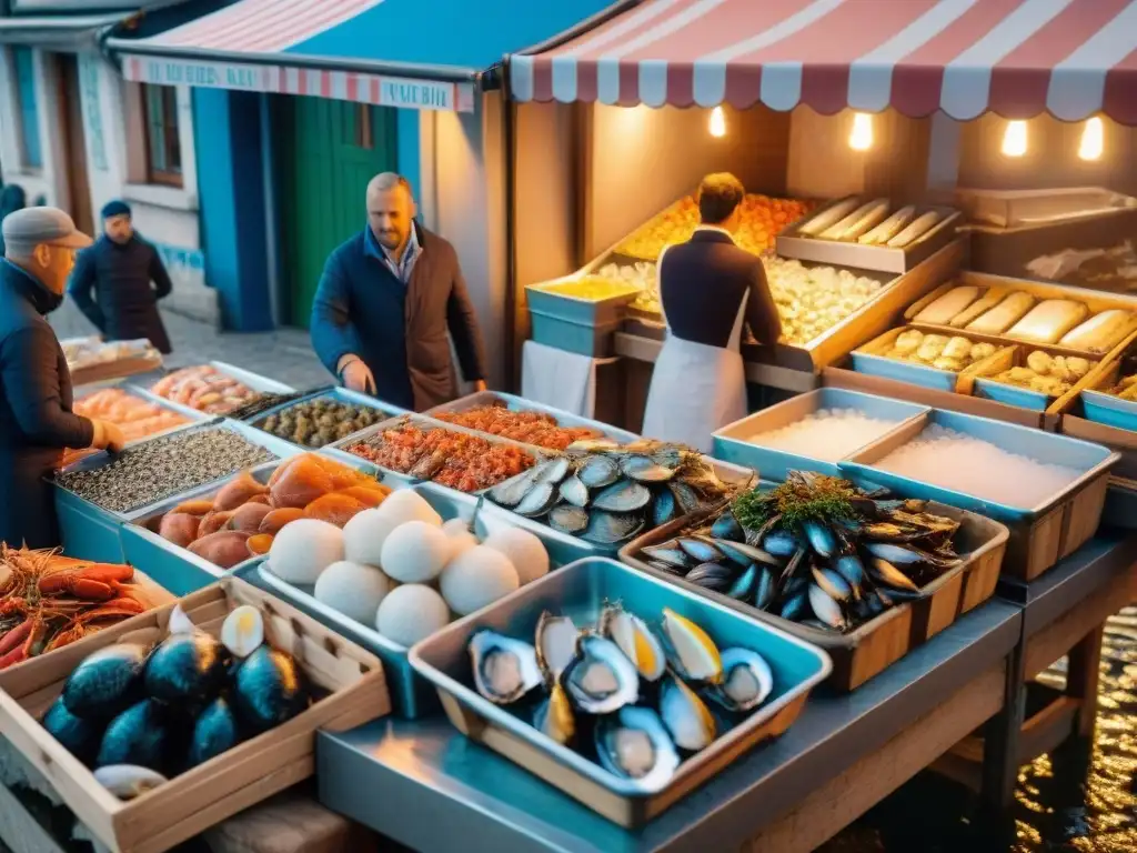 Escena animada de un bullicioso mercado de pescado francés al aire libre, con una gran variedad de mariscos frescos en exhibición sobre camas de hielo