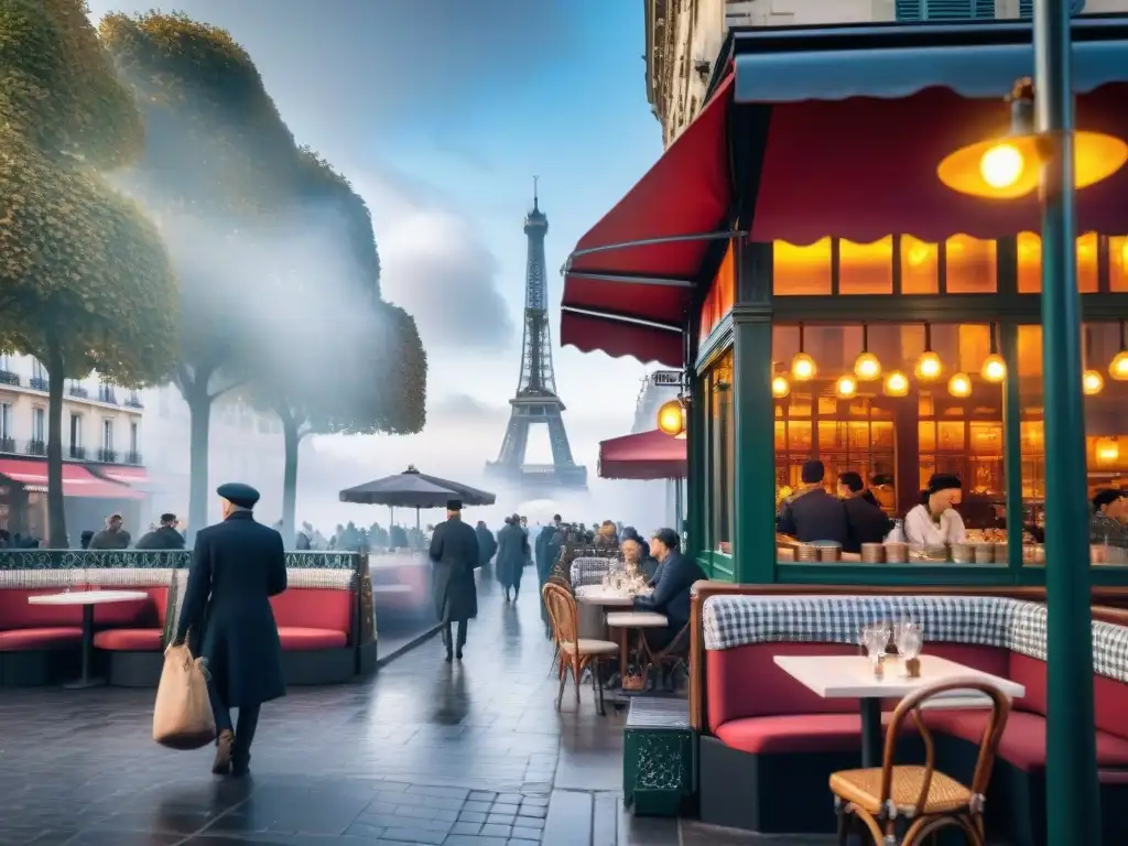 Una escena animada de un café parisino al amanecer, con mesas al aire libre y la icónica Torre Eiffel en la neblina