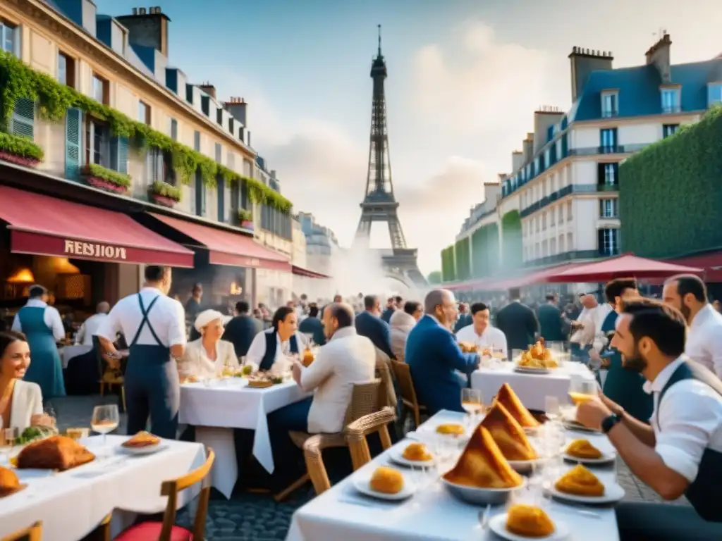 Escena animada de comensales disfrutando platos franceses en plaza con influencia gastronomía francesa en mundo