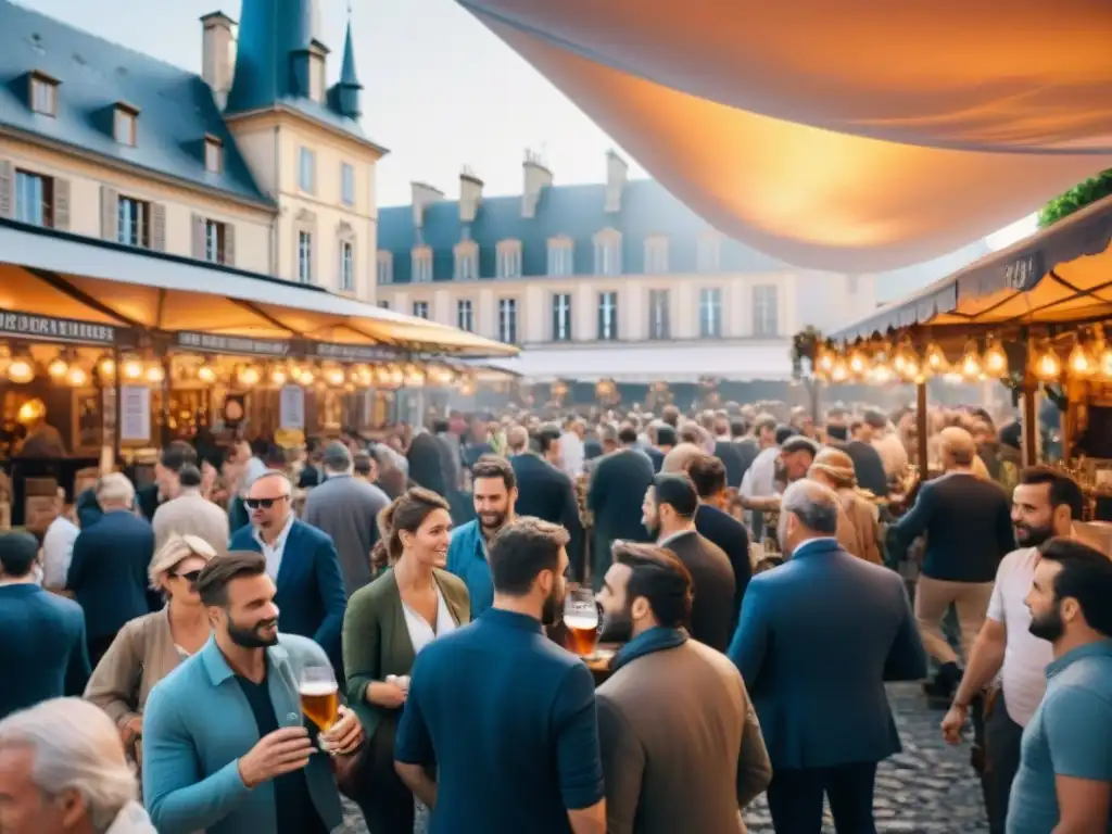 Escena animada de festival de cerveza francés con cervecerías artesanales bajo coloridos toldos y arquitectura histórica al fondo