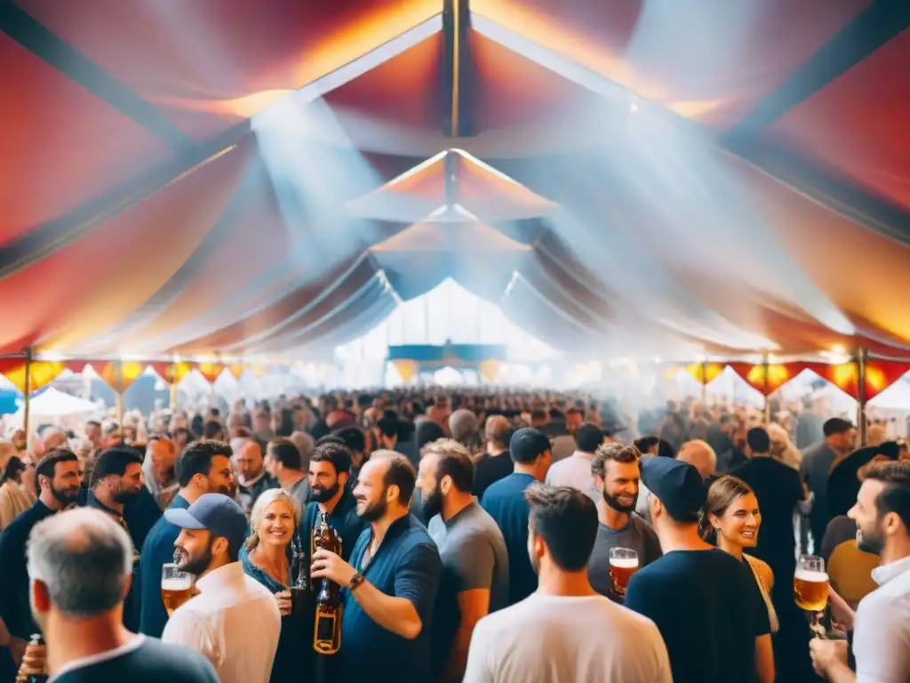 Escena animada en un festival de cerveza artesanal en Francia, con puestos coloridos y visitantes disfrutando de las bebidas