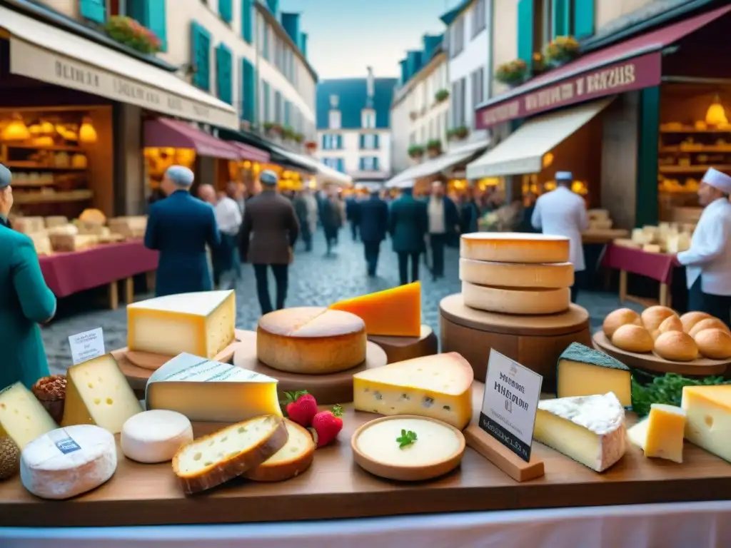 Escena animada de festivales gastronómicos alta cocina Francia: chefs preparando platos, degustaciones de quesos y vinos, ambiente festivo