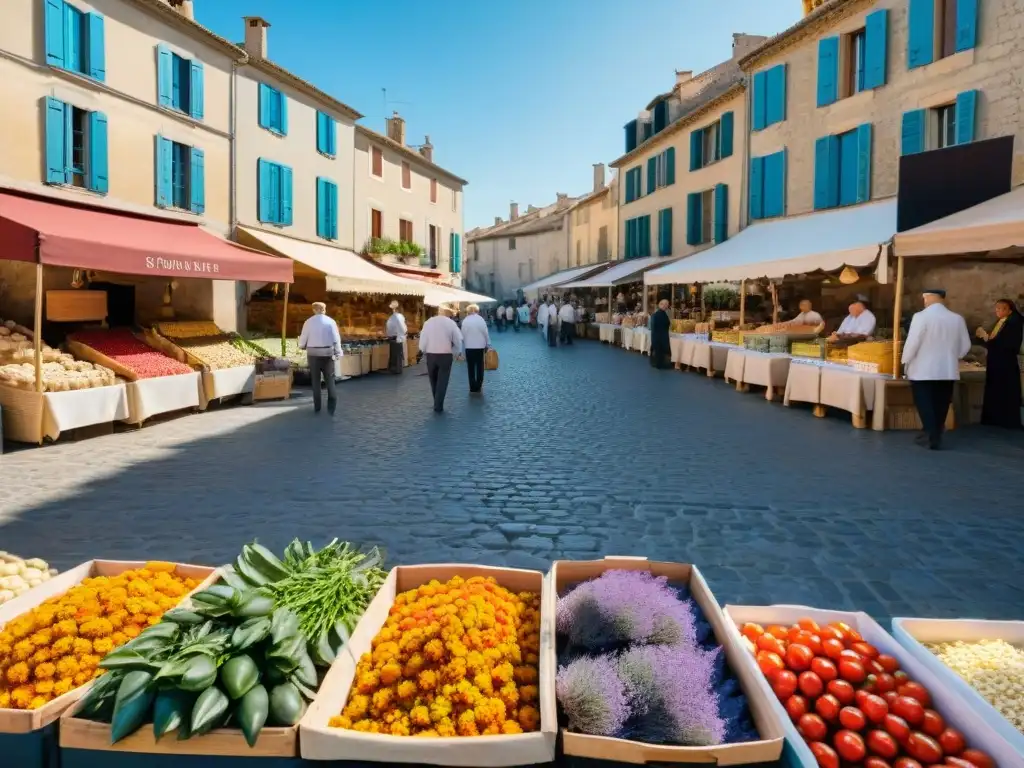 Escena animada de un mercado al aire libre en Provenza, Francia, con productos frescos y coloridos