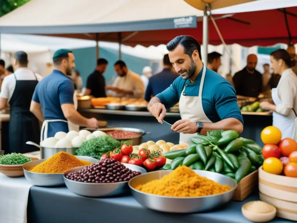 Escena animada de mercado callejero en París con influencia culinaria italiana en Francia