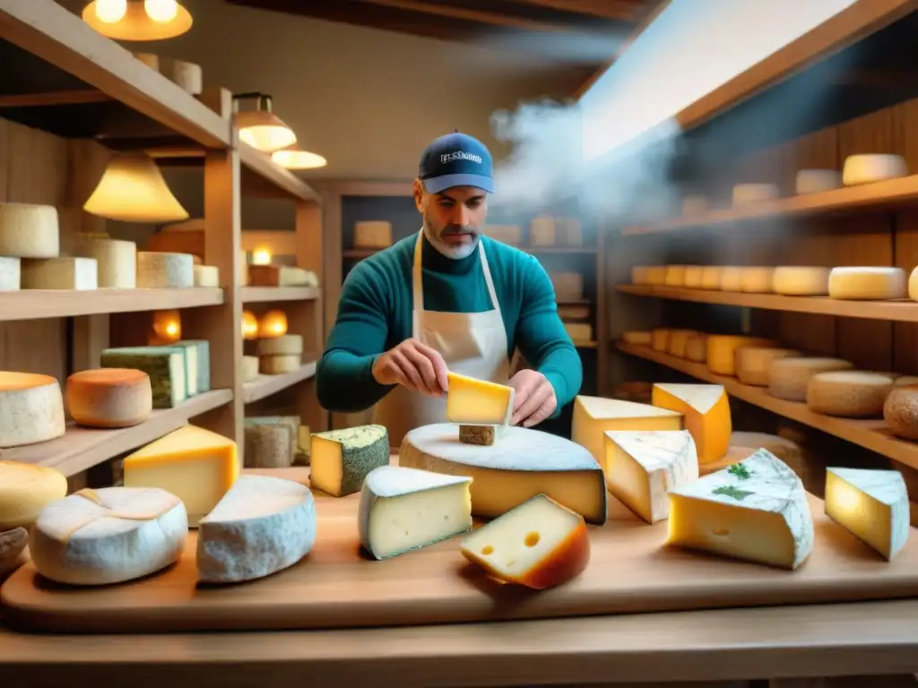 Escena animada de mercado francés con variados quesos artesanales