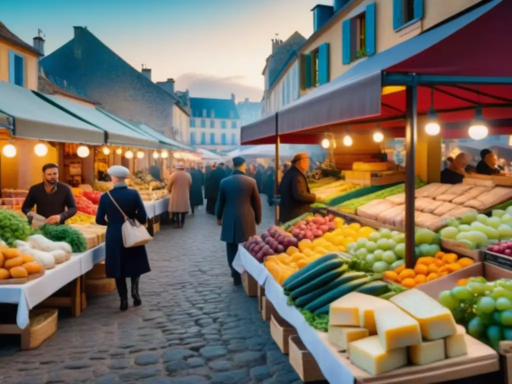 Escena animada de mercado francés en el suroeste, con productos frescos, quesos artesanales y vinos locales