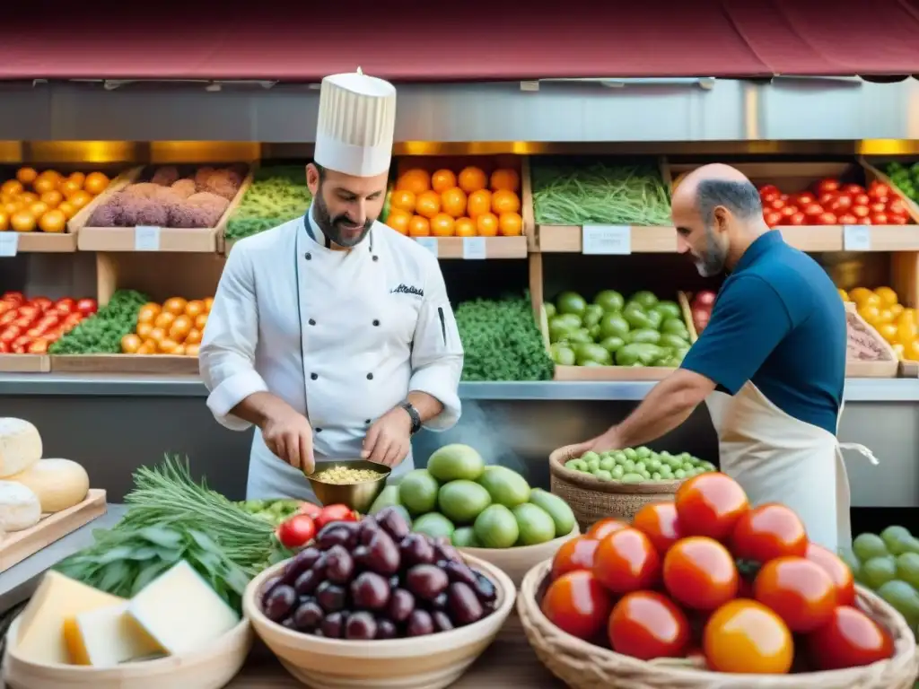 Escena animada de mercado francés con productos frescos y chefs preparando recetas francesas Dieta Mediterránea