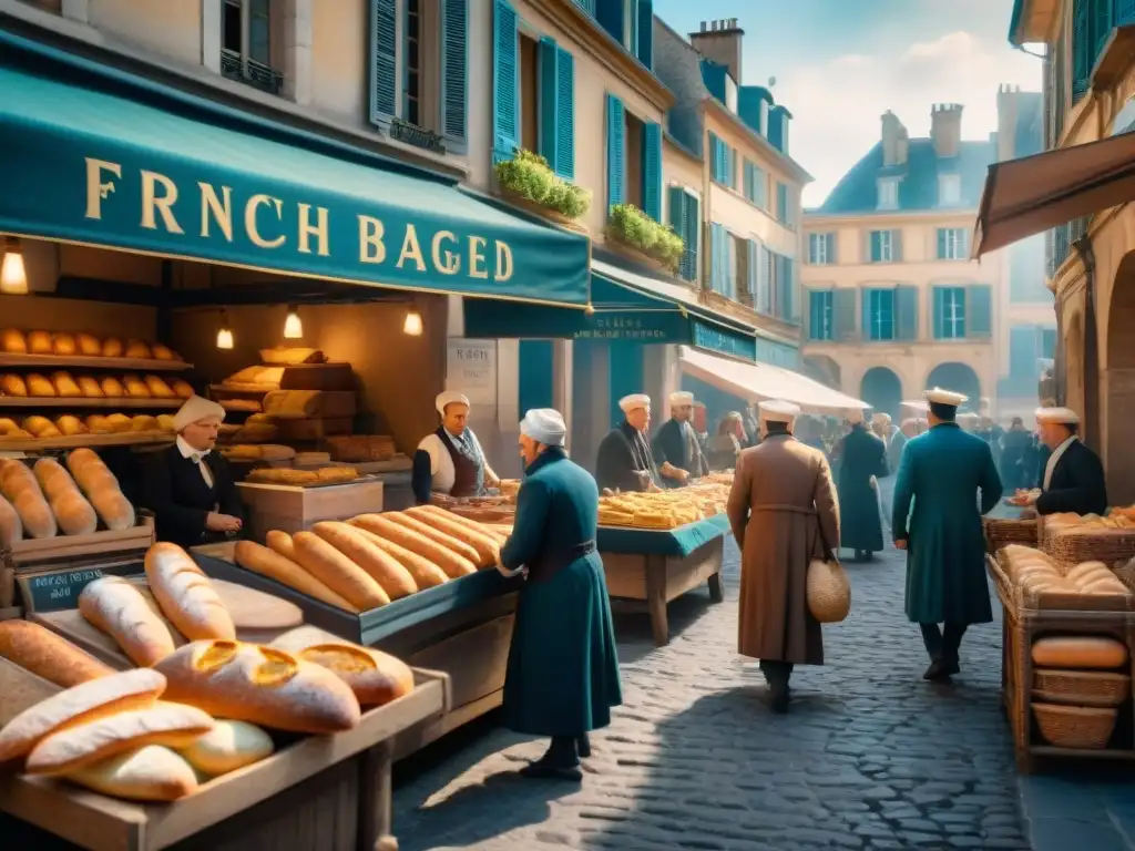 Escena animada en un mercado francés del siglo XVIII con vendedores de pan fresco, mostrando la evolución de la historia pan francés