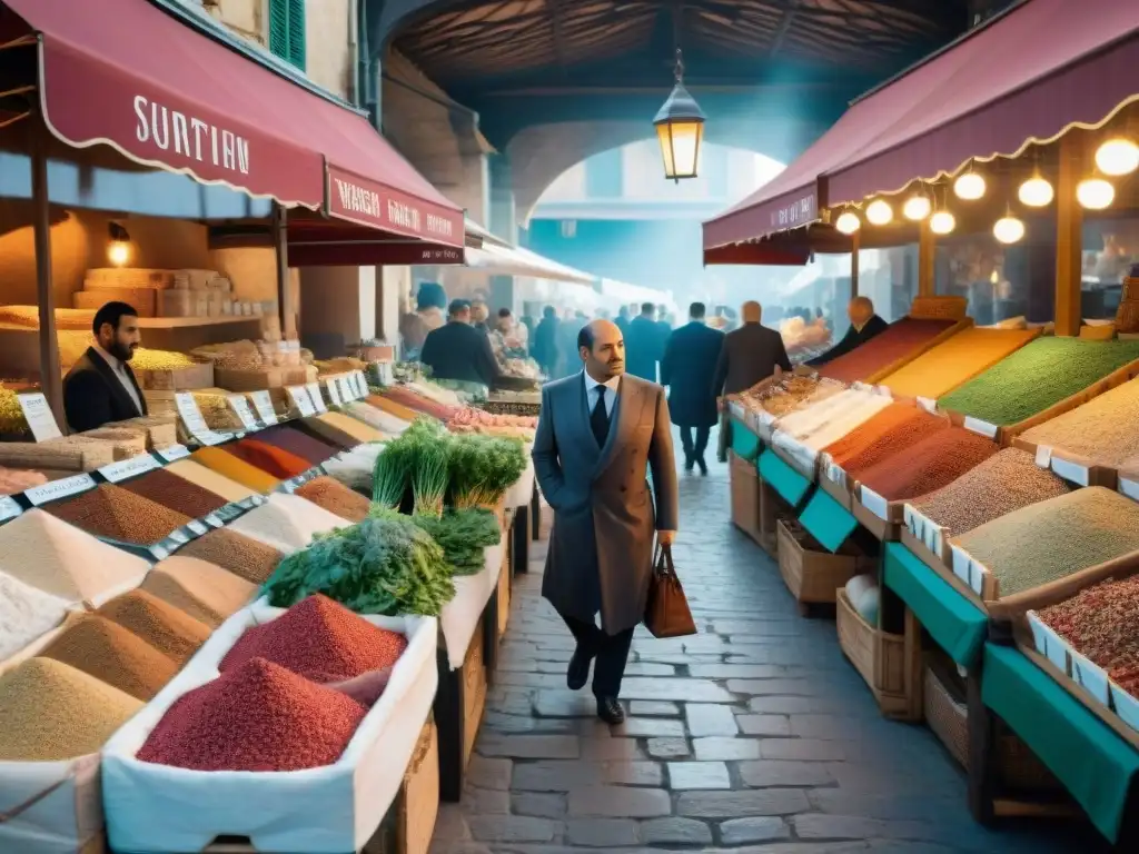 Escena animada en un mercado francés con influencia gastronomía árabe en Francia