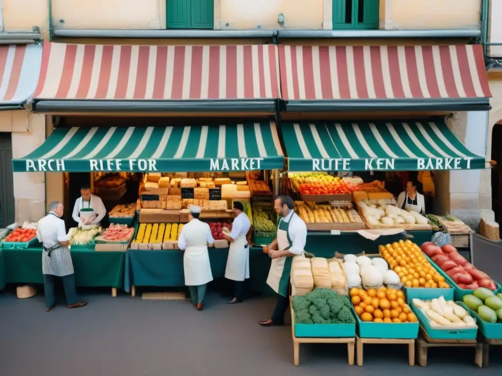 Escena animada en un mercado francés, donde la cocina francesa moderna y tradicional se fusionan bajo toldos a rayas