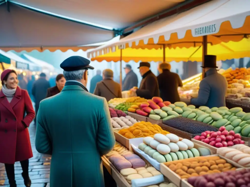 Escena animada de mercado francés con vendedores y clientes disfrutando de productos frescos como baguettes, macarons y quesos