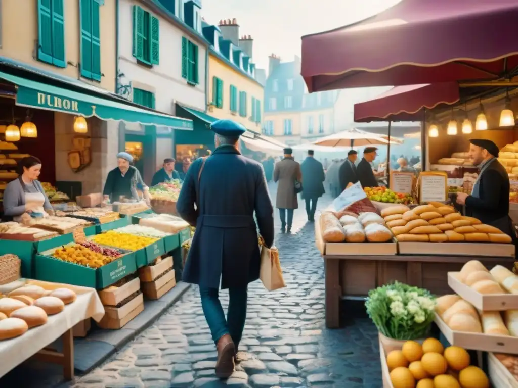 Escena animada de un mercado francés al aire libre con puestos coloridos de baguettes, quesos, frutas y flores, bajo la luz matutina