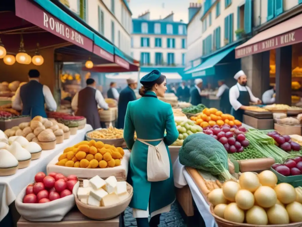 Escena animada de mercado parisino en el siglo XIX: puestos coloridos, chef preparando platos, clientes curiosos