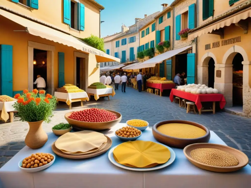 Una escena animada de un mercado Provenzal con mesa de madera rústica, Socca receta tradicional Provenza, aldeanos y puestos de mercado coloridos