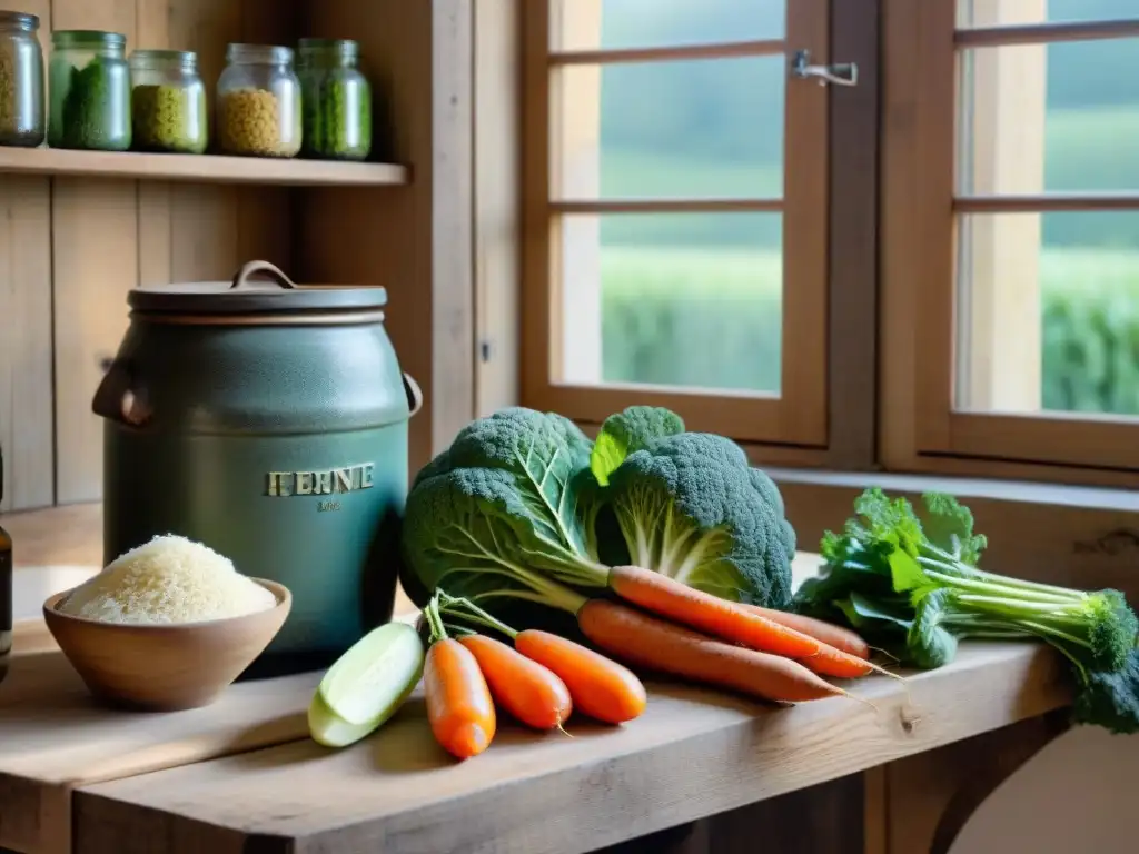 Una escena auténtica de fermentación en cocina francesa: barriles, tarros y verduras fermentando en una encimera rústica