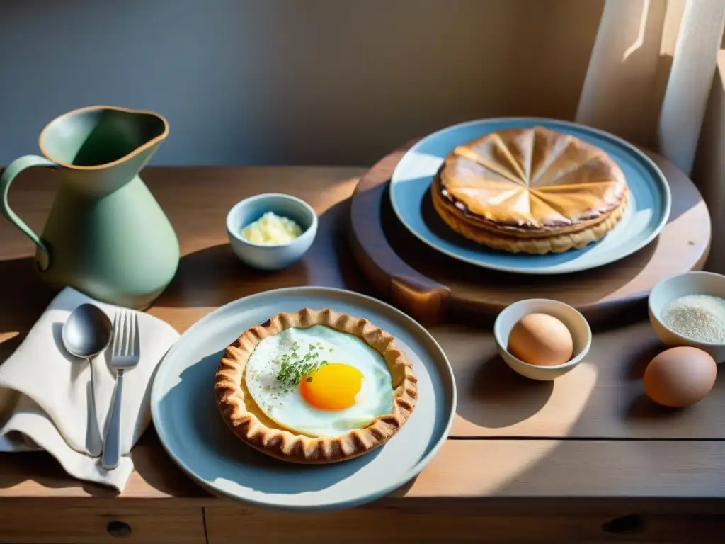 Una escena auténtica de una mesa rústica con ingredientes tradicionales para una Galette Bretona