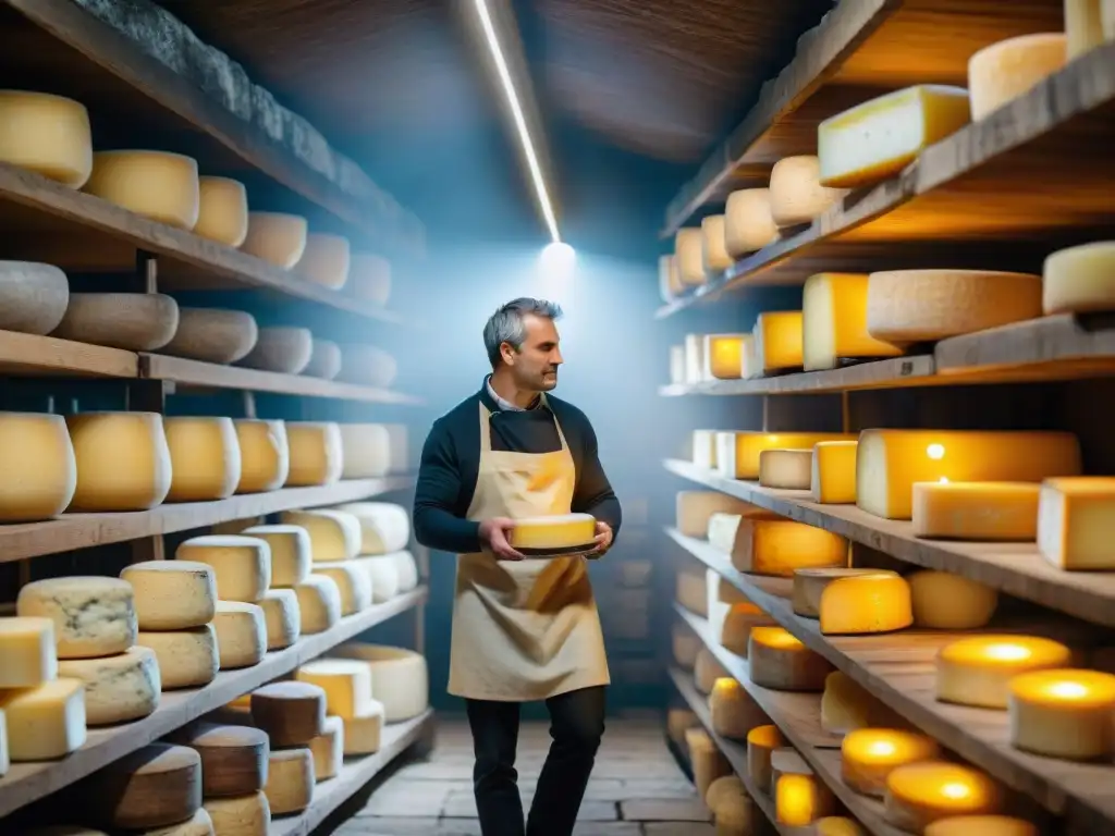 Una escena auténtica de producción de queso en Normandía, con quesos Neufchâtel envejeciendo en una bodega tradicional