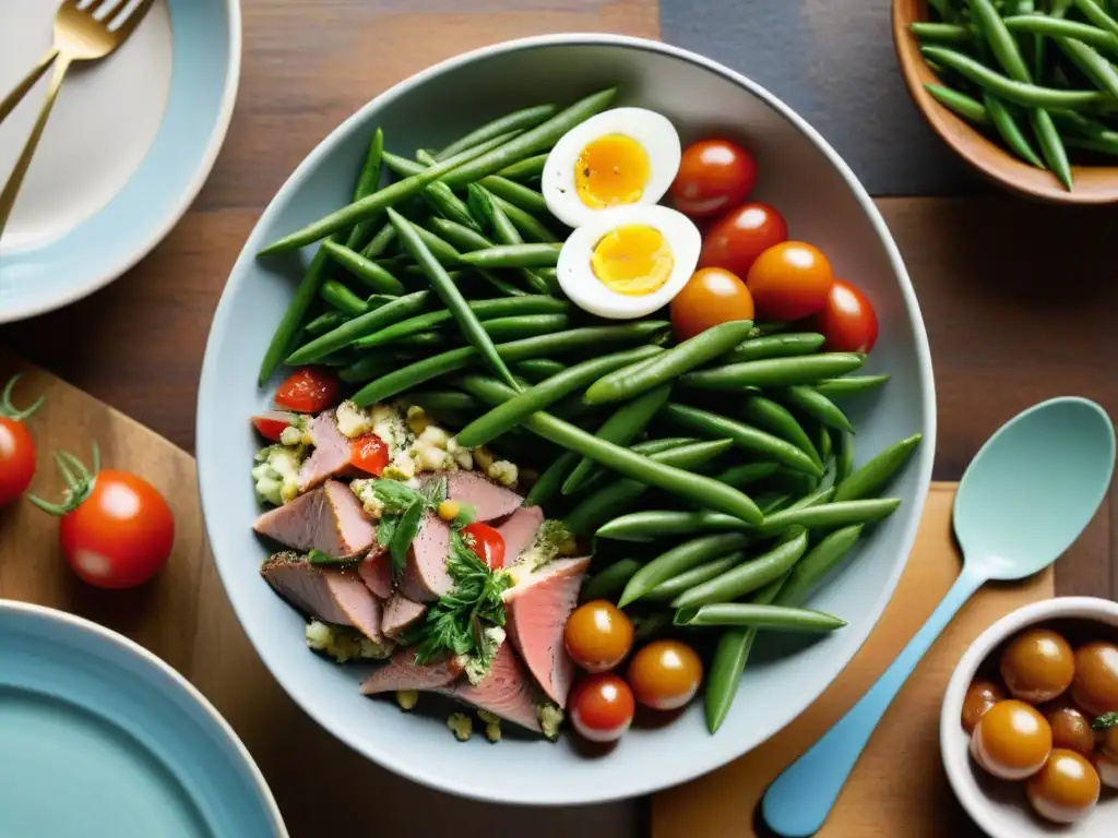 Una escena auténtica de la receta Salade Niçoise con ingredientes frescos y coloridos en una mesa rústica de madera