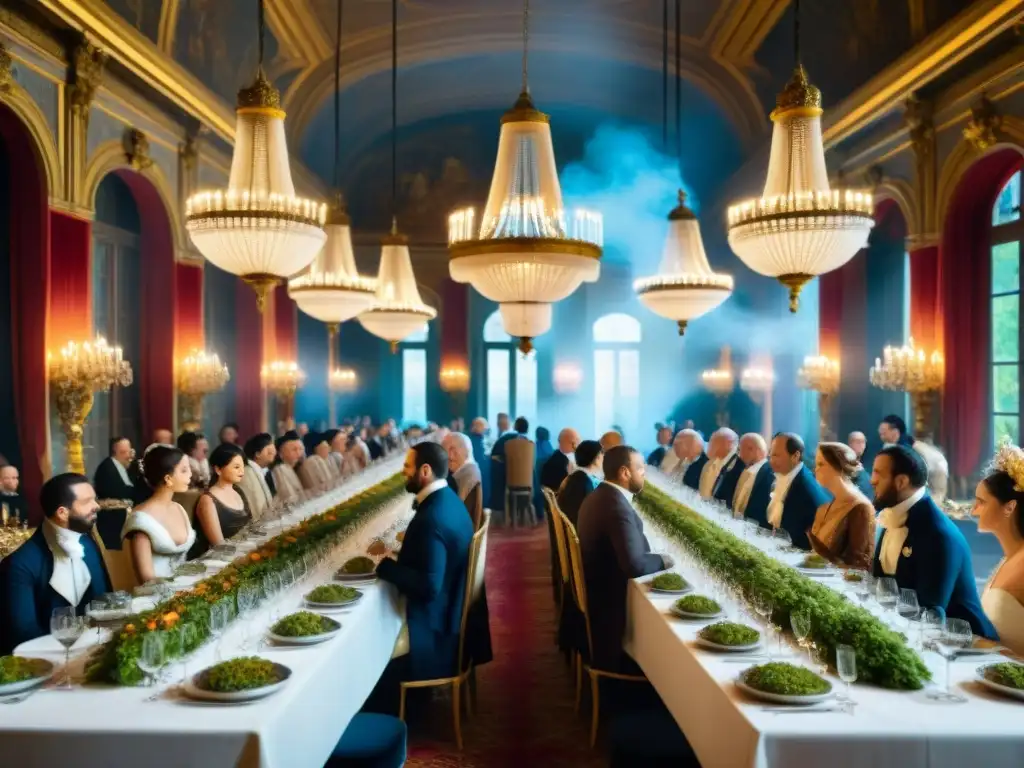 Una escena de banquete lujoso en el siglo XVIII en Francia con nobles, chandeliers y delicias francesas