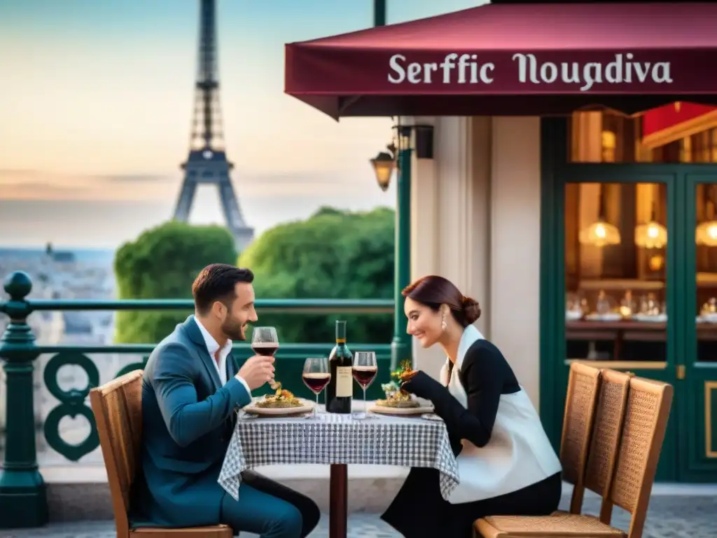 Escena de bistró francés: mesas al aire libre con platos típicos y la Torre Eiffel al fondo