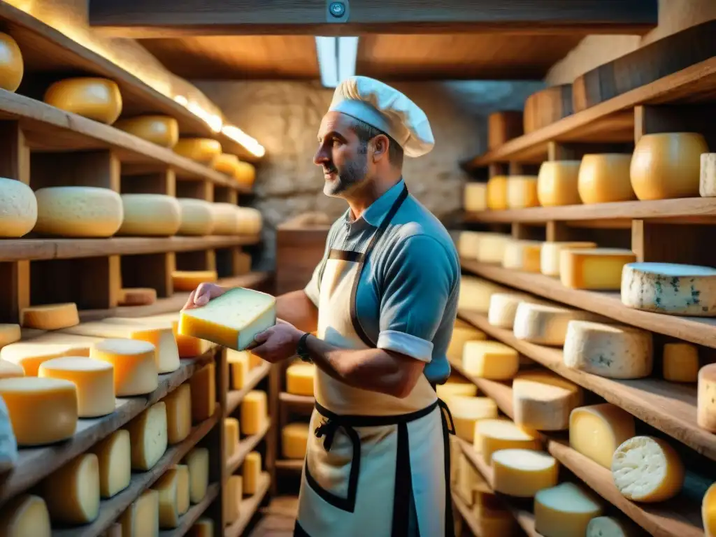 Quesería francesa: tradición y maestría en la maduración de quesos Escena en bodega de queso francés con artesano inspeccionando rueda de queso, preservando tradición queso francés